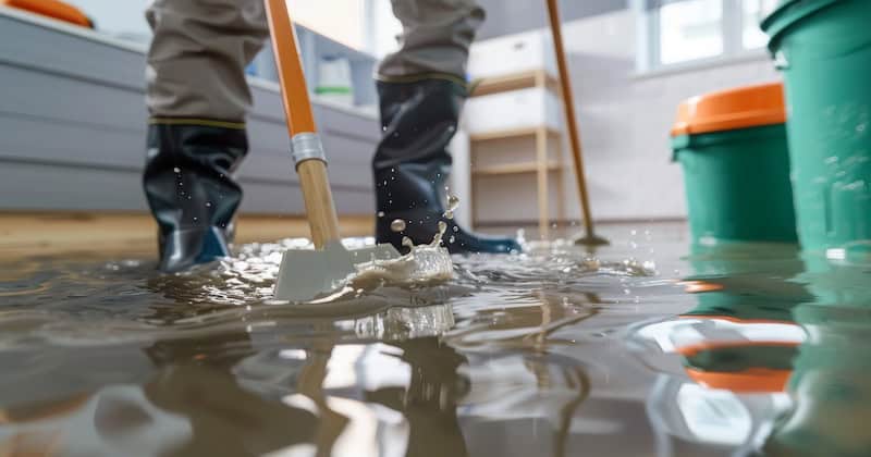 Water damage restoration technician cleaning flooded floor in Tulsa